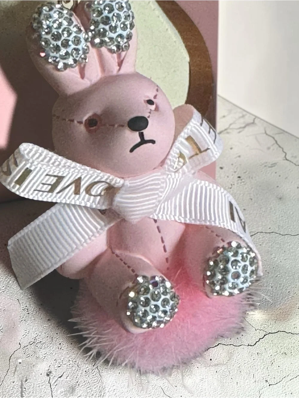 Pink Bunny Pom-Pom Keychain with Rhinestone Accents NIP